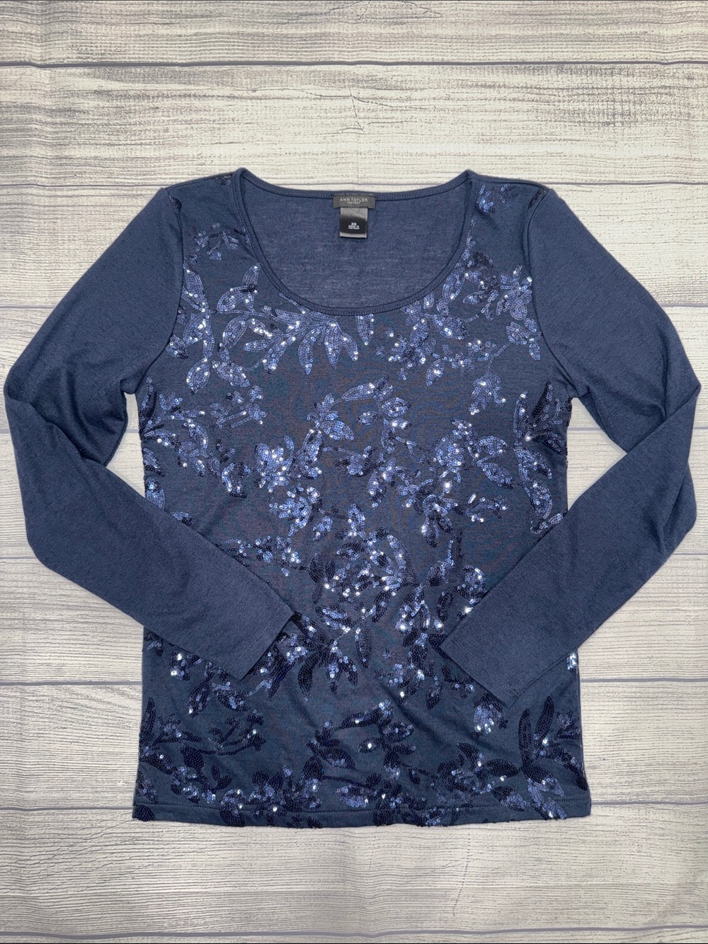 Ann Taylor Navy Sequin Floral Long-Sleeve Scoop Neck Top